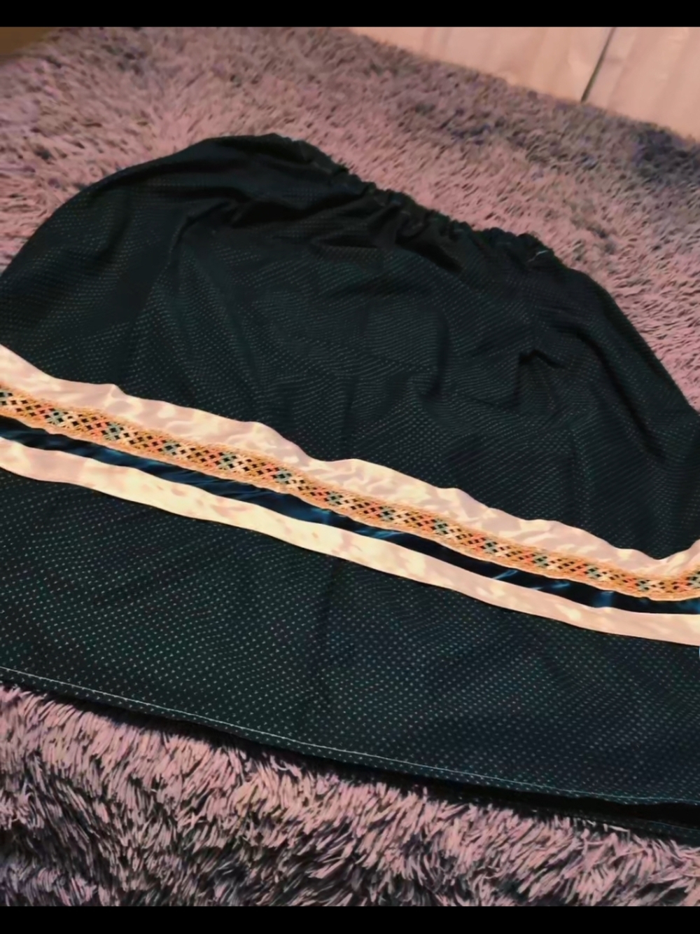 Dark Teal Native American Ribbon Skirt with Cream Satin Trim.